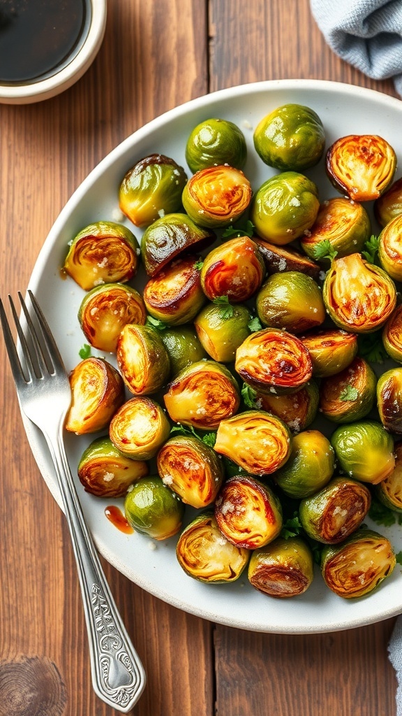 Crispy Air Fryer Brussels Sprouts with Balsamic Vinegar Crispy Brussels sprouts with balsamic vinegar and Parmesan cheese on a rustic wooden table.